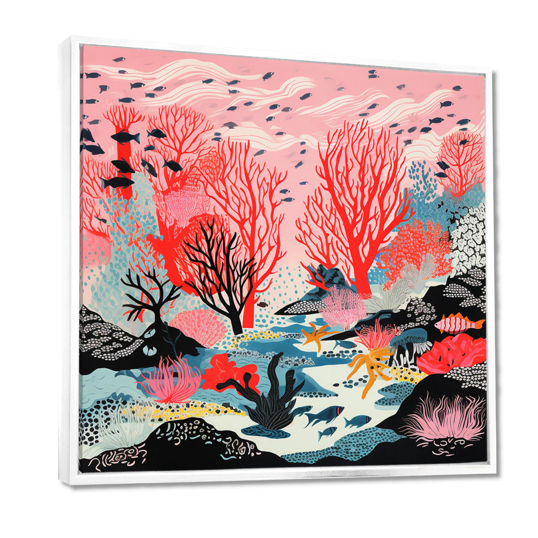 Deep Ocean Red Coral With Little Fishes Retro Illustration - Coral Wall Decor