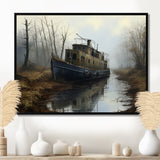 Deserted Fisherman Boat Alone In Misty River - Boat Canvas Wall Art