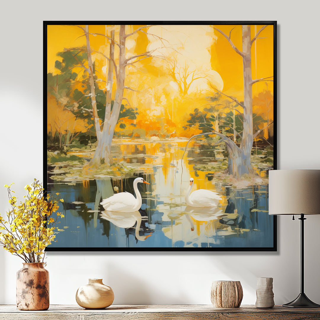Two Swans In Yellow Autumn Lake - Swans Wall Art Prints