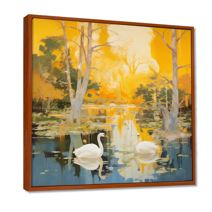 Two Swans In Yellow Autumn Lake - Swans Wall Art Prints