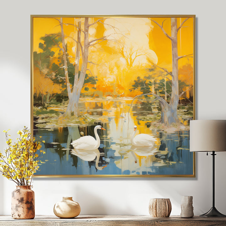Two Swans In Yellow Autumn Lake - Swans Wall Art Prints