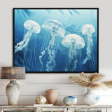 Four White Jellyfish Floating To The Ocean Surface Sunlight - Blue Jellyfish Wall Art