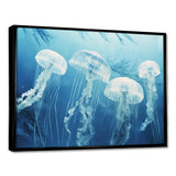 Four White Jellyfish Floating To The Ocean Surface Sunlight - Blue Jellyfish Wall Art