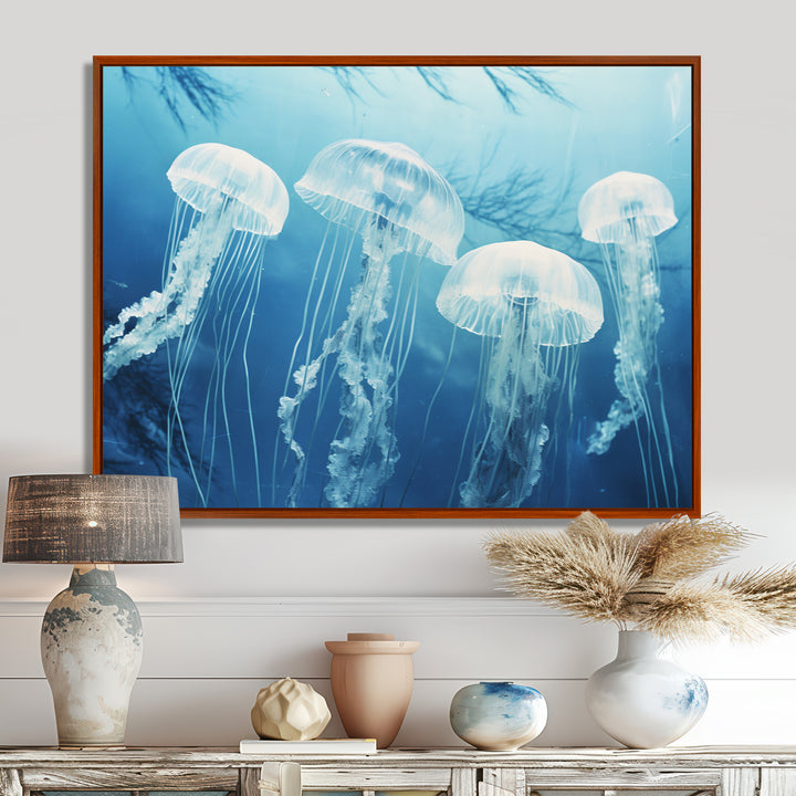 Four White Jellyfish Floating To The Ocean Surface Sunlight - Blue Jellyfish Wall Art