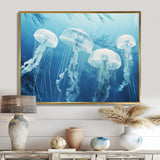 Four White Jellyfish Floating To The Ocean Surface Sunlight - Blue Jellyfish Wall Art