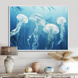 Four White Jellyfish Floating To The Ocean Surface Sunlight - Blue Jellyfish Wall Art