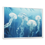 Four White Jellyfish Floating To The Ocean Surface Sunlight - Blue Jellyfish Wall Art