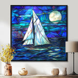 White Sailboat On Shades Of Ocean Blue White Full Moon - Boat Canvas Wall Art
