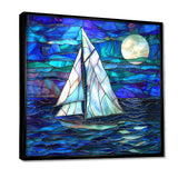 White Sailboat On Shades Of Ocean Blue White Full Moon - Boat Canvas Wall Art