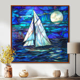 White Sailboat On Shades Of Ocean Blue White Full Moon - Boat Canvas Wall Art