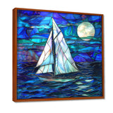 White Sailboat On Shades Of Ocean Blue White Full Moon - Boat Canvas Wall Art