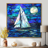 White Sailboat On Shades Of Ocean Blue White Full Moon - Boat Canvas Wall Art