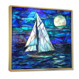 White Sailboat On Shades Of Ocean Blue White Full Moon - Boat Canvas Wall Art