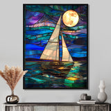 White Sailboat Ocean Moonlight Shades Of Blue And Green - Boat Canvas Wall Art