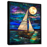 White Sailboat Ocean Moonlight Shades Of Blue And Green - Boat Canvas Wall Art