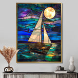 White Sailboat Ocean Moonlight Shades Of Blue And Green - Boat Canvas Wall Art