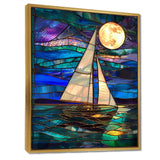White Sailboat Ocean Moonlight Shades Of Blue And Green - Boat Canvas Wall Art