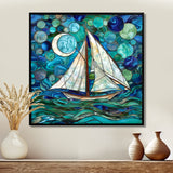 White Sailboat Ocean Sky Circles Of Shades Of Green And Blue - Boat Canvas Wall Art