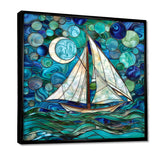 White Sailboat Ocean Sky Circles Of Shades Of Green And Blue - Boat Canvas Wall Art