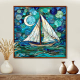White Sailboat Ocean Sky Circles Of Shades Of Green And Blue - Boat Canvas Wall Art