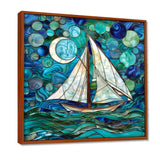 White Sailboat Ocean Sky Circles Of Shades Of Green And Blue - Boat Canvas Wall Art