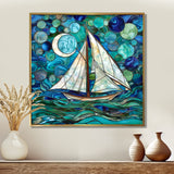 White Sailboat Ocean Sky Circles Of Shades Of Green And Blue - Boat Canvas Wall Art