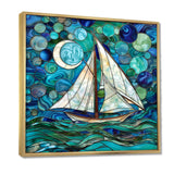 White Sailboat Ocean Sky Circles Of Shades Of Green And Blue - Boat Canvas Wall Art
