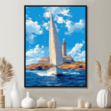 White Sailboat Leaving The Lighthouse Harbor Blue Sky - Boat Canvas Wall Art