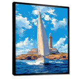 White Sailboat Leaving The Lighthouse Harbor Blue Sky - Boat Canvas Wall Art