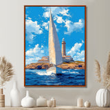White Sailboat Leaving The Lighthouse Harbor Blue Sky - Boat Canvas Wall Art