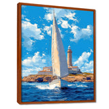 White Sailboat Leaving The Lighthouse Harbor Blue Sky - Boat Canvas Wall Art