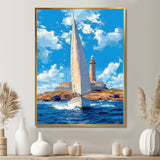 White Sailboat Leaving The Lighthouse Harbor Blue Sky - Boat Canvas Wall Art