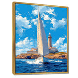 White Sailboat Leaving The Lighthouse Harbor Blue Sky - Boat Canvas Wall Art