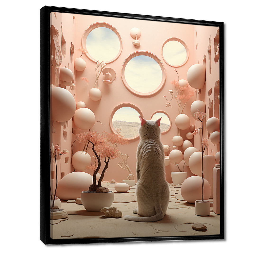 White Cat Pink Futuristic Interior - Cat Framed Canvas Art