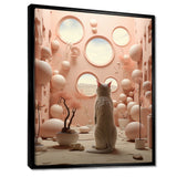 White Cat Pink Futuristic Interior - Cat Framed Canvas Art