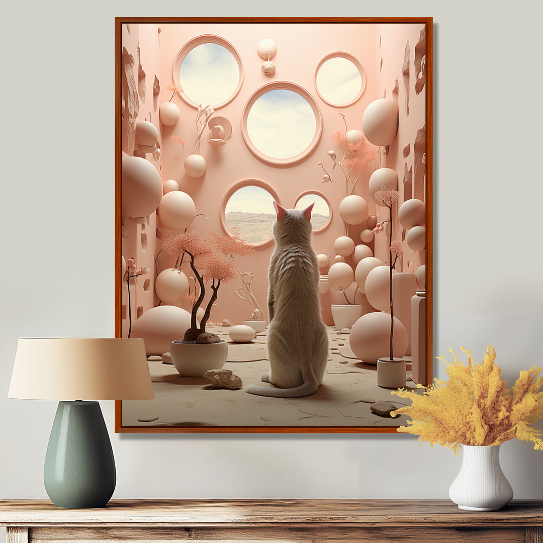 White Cat Pink Futuristic Interior - Cat Framed Canvas Art