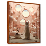 White Cat Pink Futuristic Interior - Cat Framed Canvas Art