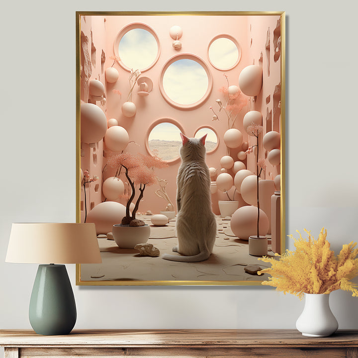 White Cat Pink Futuristic Interior - Cat Framed Canvas Art