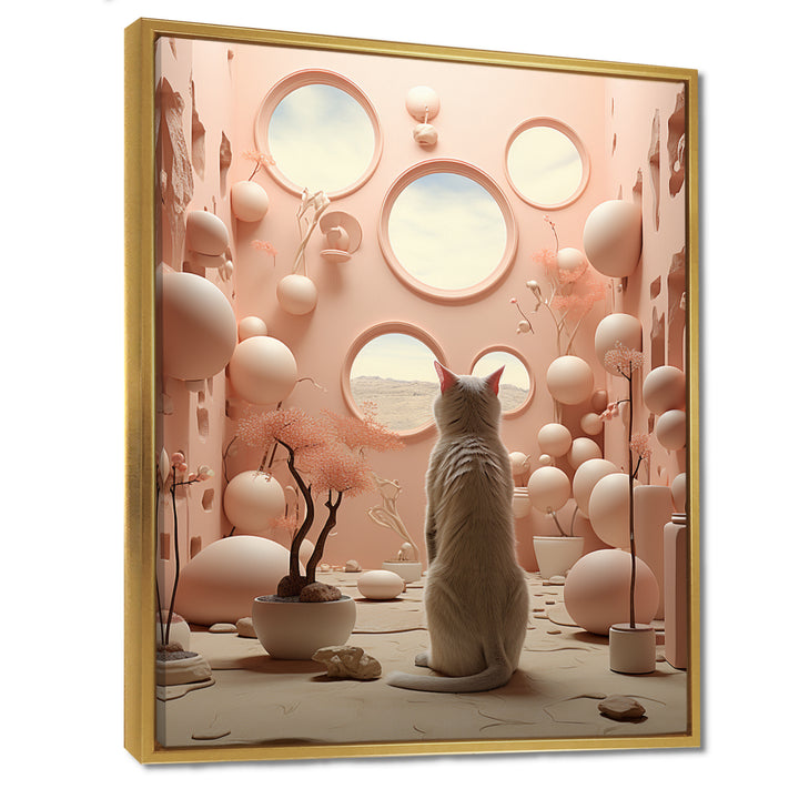 White Cat Pink Futuristic Interior - Cat Framed Canvas Art