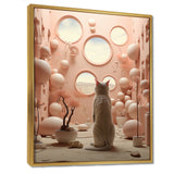White Cat Pink Futuristic Interior - Cat Framed Canvas Art