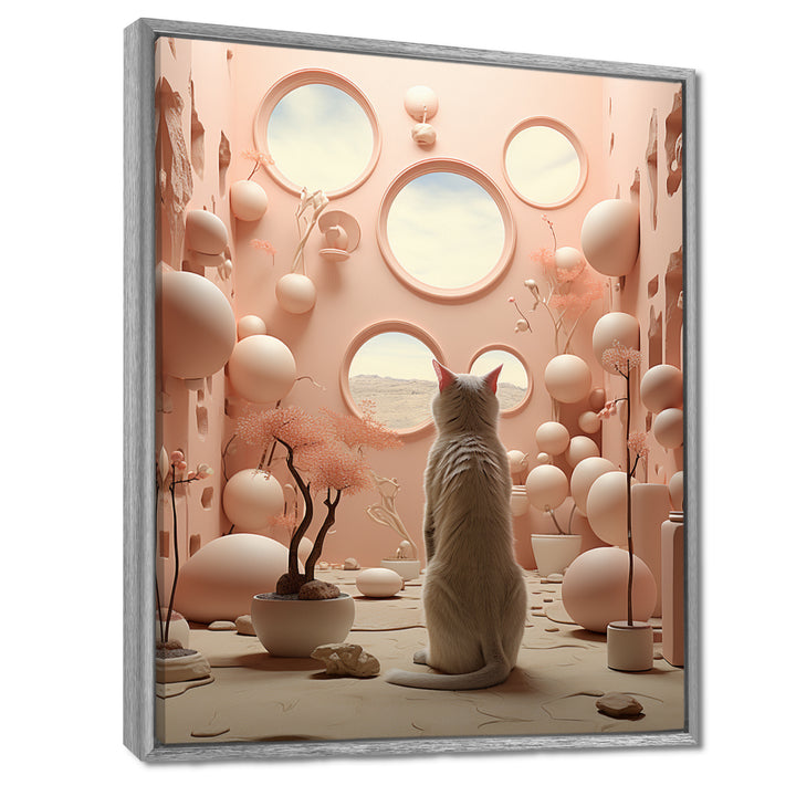 White Cat Pink Futuristic Interior - Cat Framed Canvas Art