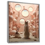 White Cat Pink Futuristic Interior - Cat Framed Canvas Art