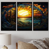 Vibrant Yellow Sun Over Forest Lake - 3-Piece Canvas Wall Art
