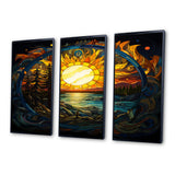 Vibrant Yellow Sun Over Forest Lake - 3-Piece Canvas Wall Art