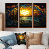 Vibrant Yellow Sun Over Forest Lake - 3-Piece Canvas Wall Art