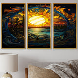 Vibrant Yellow Sun Over Forest Lake - 3-Piece Canvas Wall Art