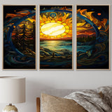 Vibrant Yellow Sun Over Forest Lake - 3-Piece Canvas Wall Art