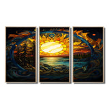 Vibrant Yellow Sun Over Forest Lake - 3-Piece Canvas Wall Art