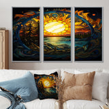 Vibrant Yellow Sun Over Forest Lake - 3-Piece Canvas Wall Art