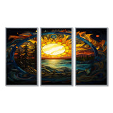 Vibrant Yellow Sun Over Forest Lake - 3-Piece Canvas Wall Art